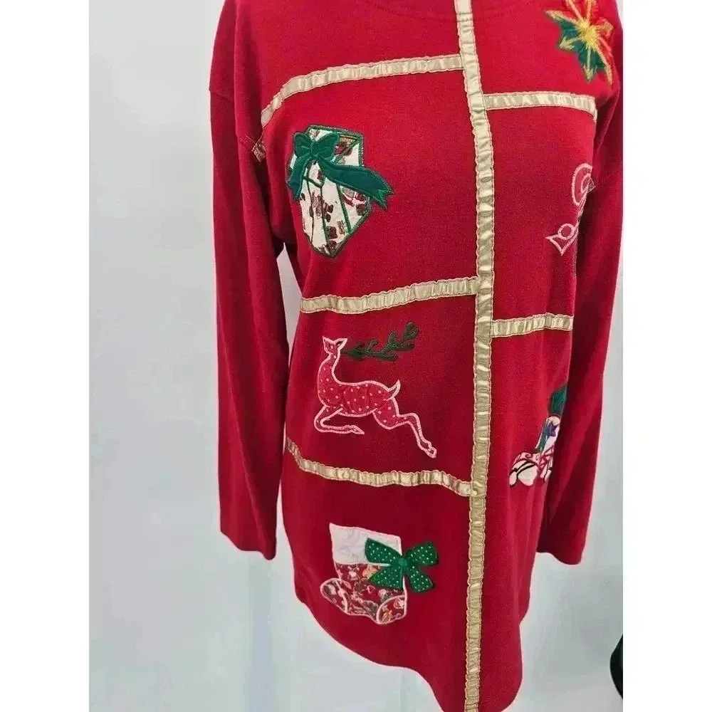 Chrysantheme Women's S Red Christmas Ornament Holiday Long Sleeve Shirt - Picture 3 of 8